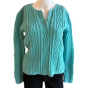 Talbots Teal Cable Knit Sweater Women’s Medium Cotton Blend Button Neck